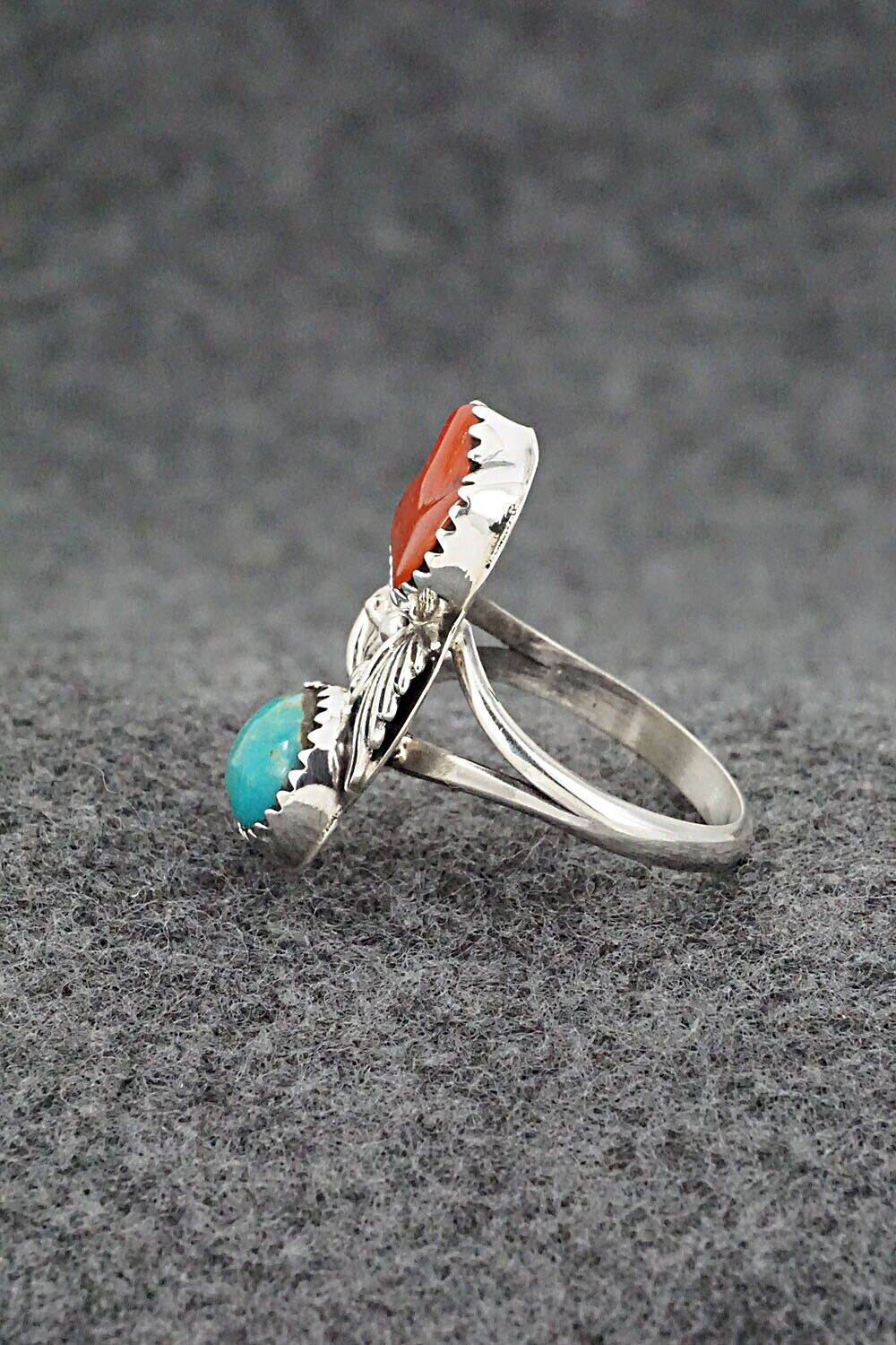 Coral, Turquoise & Sterling Silver Ring - Alice Rose Saunders - Size 7