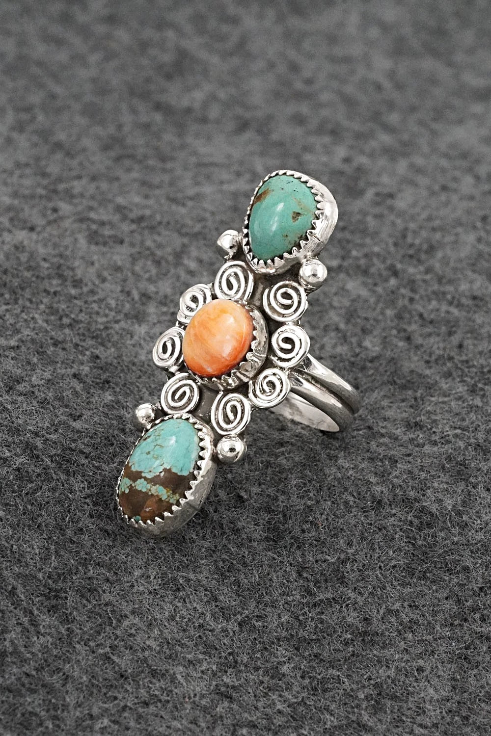 Turquoise, Spiny Oyster & Sterling Silver Ring - Priscilla Reeder - Size 8.5
