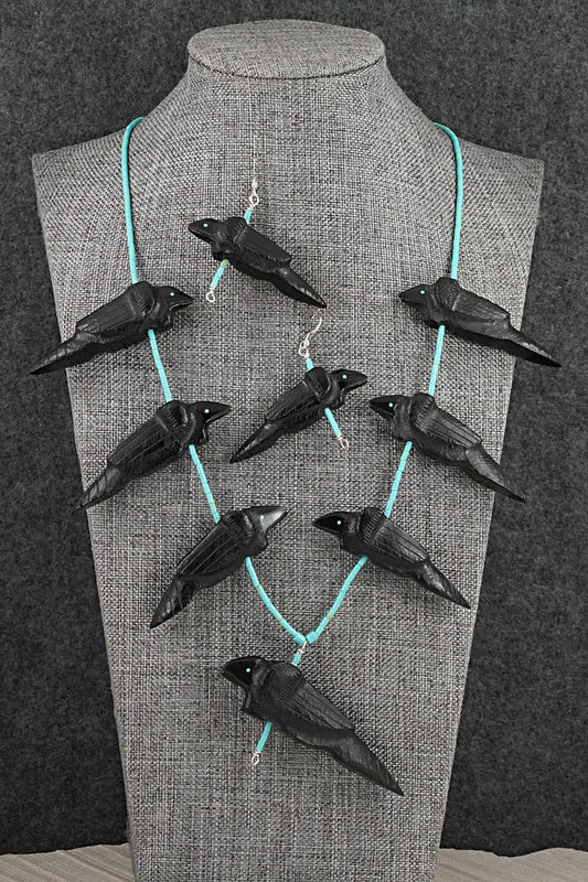 Turquoise & Jet Necklace and Earrings Set - Herb Halate