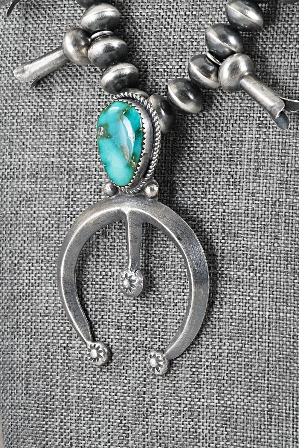 Turquoise & Sterling Silver Navajo Pearl Squash Blossom Necklace - Presley Haley