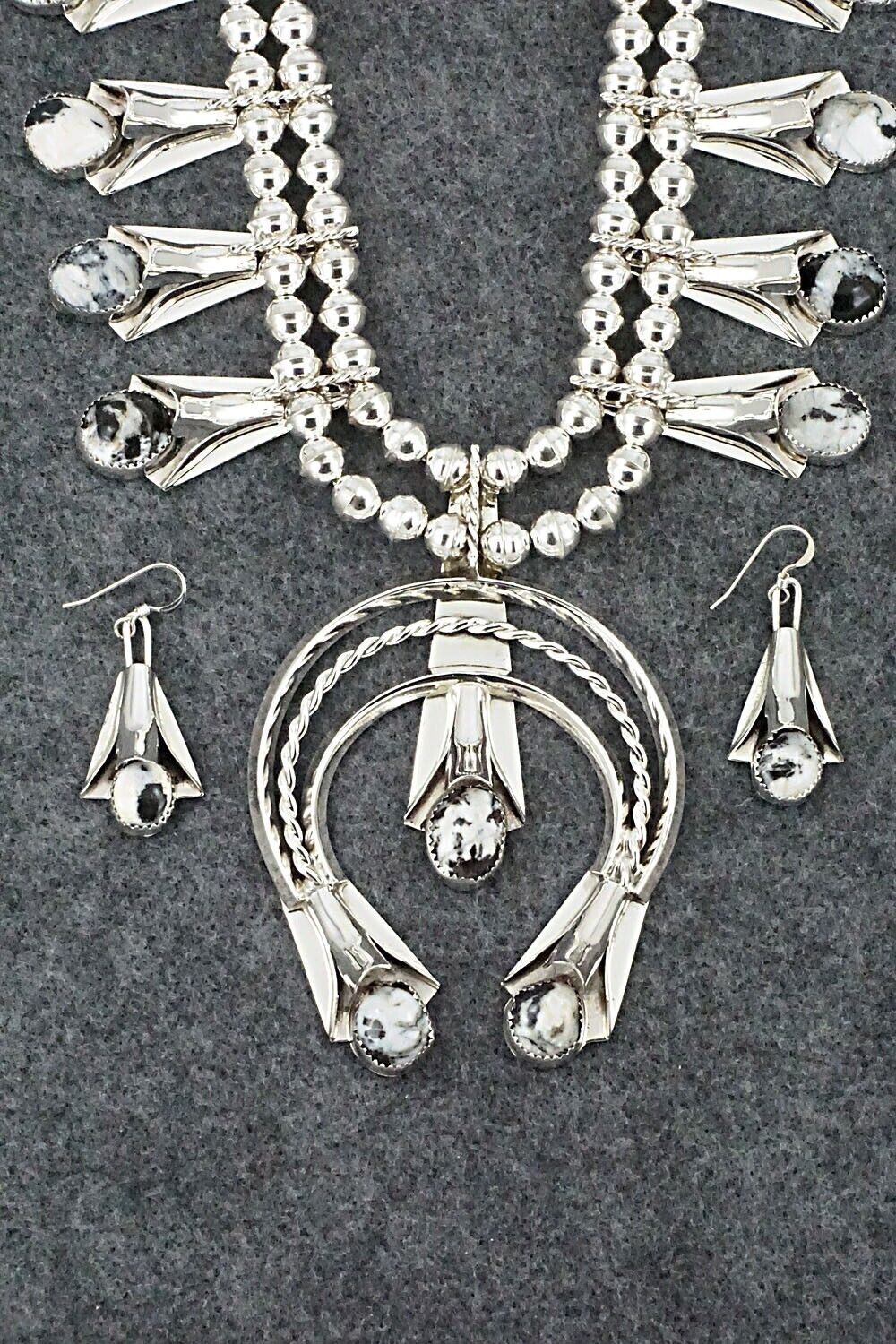 White Buffalo & Sterling Silver Squash Blossom Set - Louise Yazzie