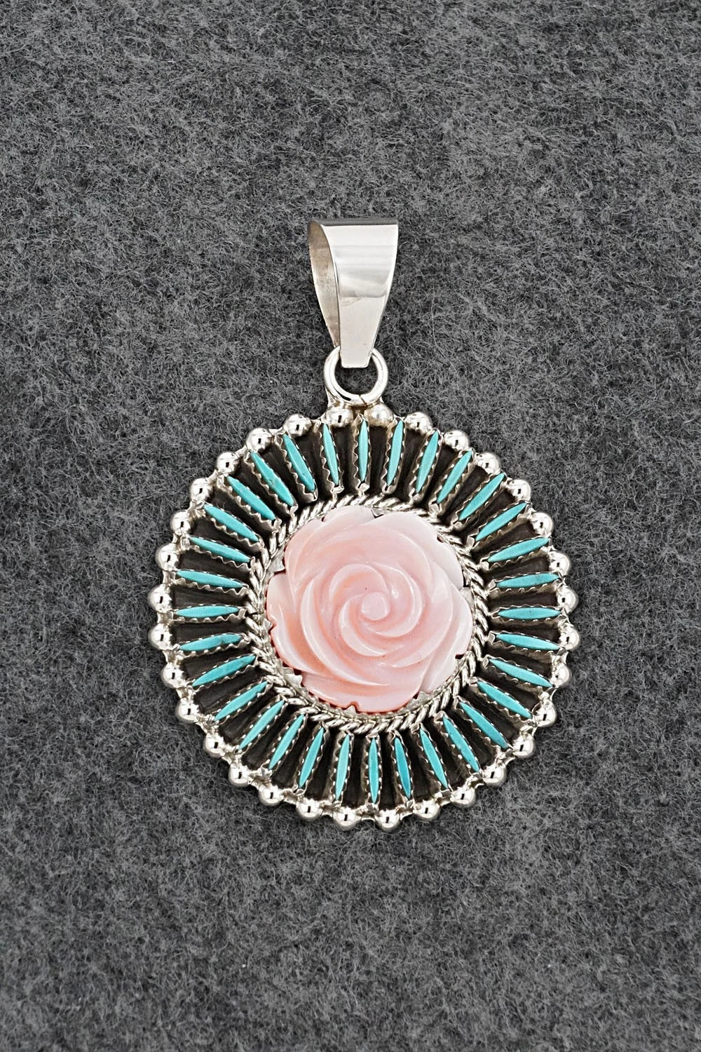 Turquoise, Pink Conch & Sterling Silver Pendant - Roland Francisco