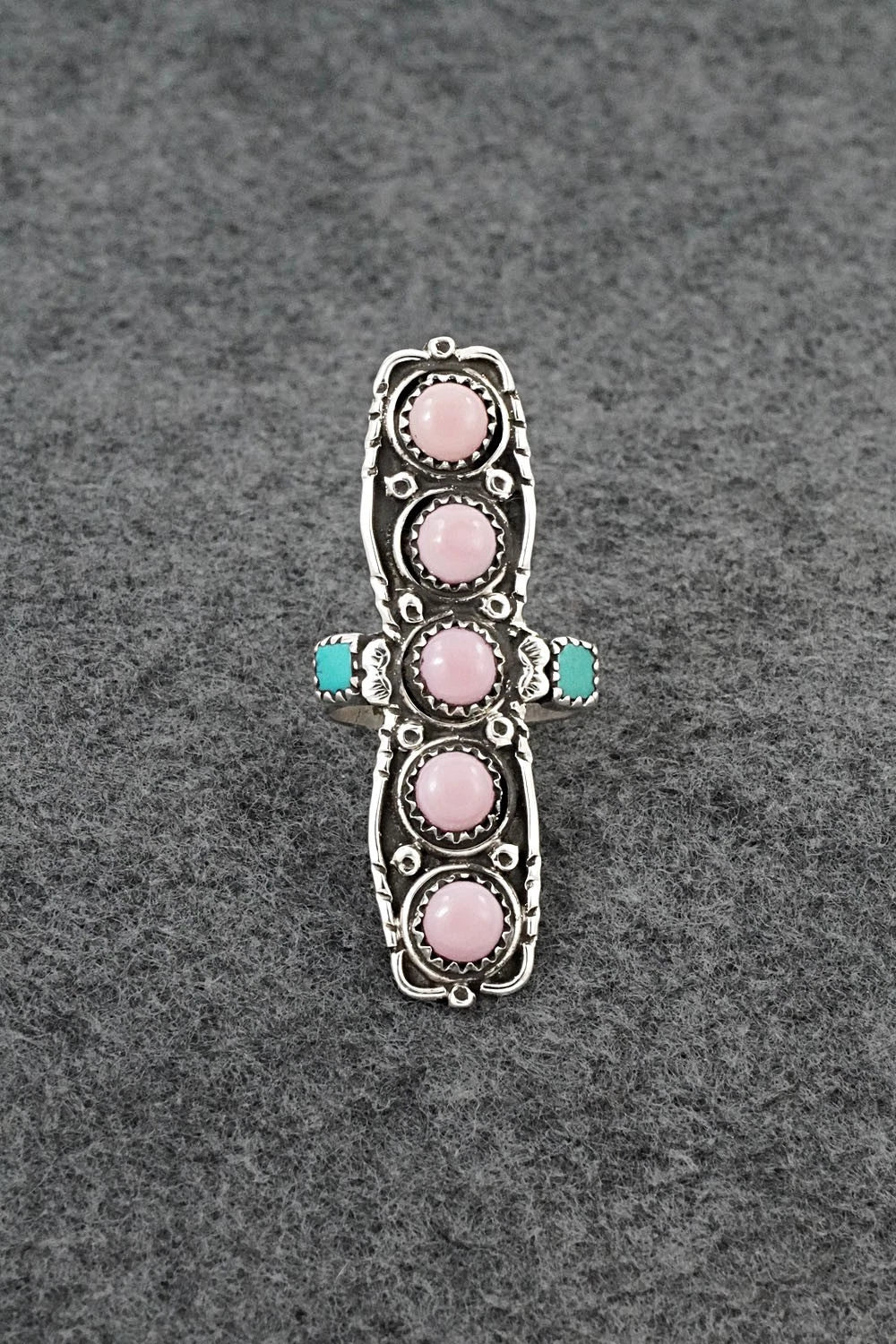 Pink Conch, Turquoise & Sterling Silver Ring - Priscilla Reeder - Size 7.5