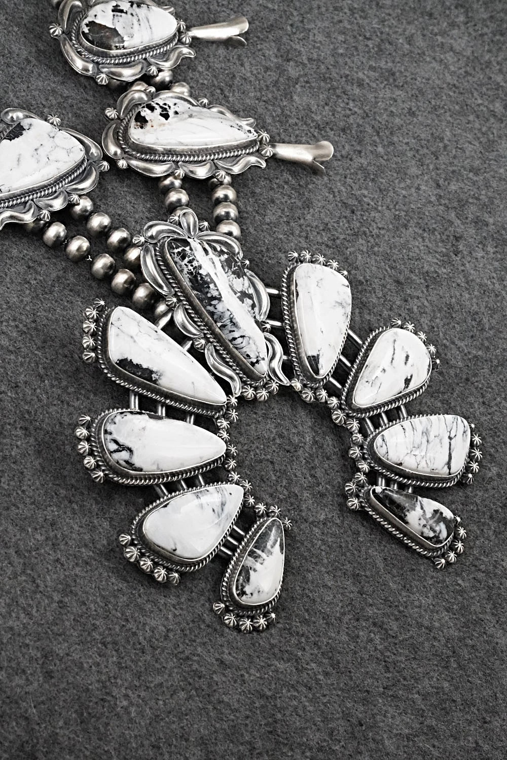 White Buffalo & Sterling Silver Squash Blossom Set - Raymond Delgarito
