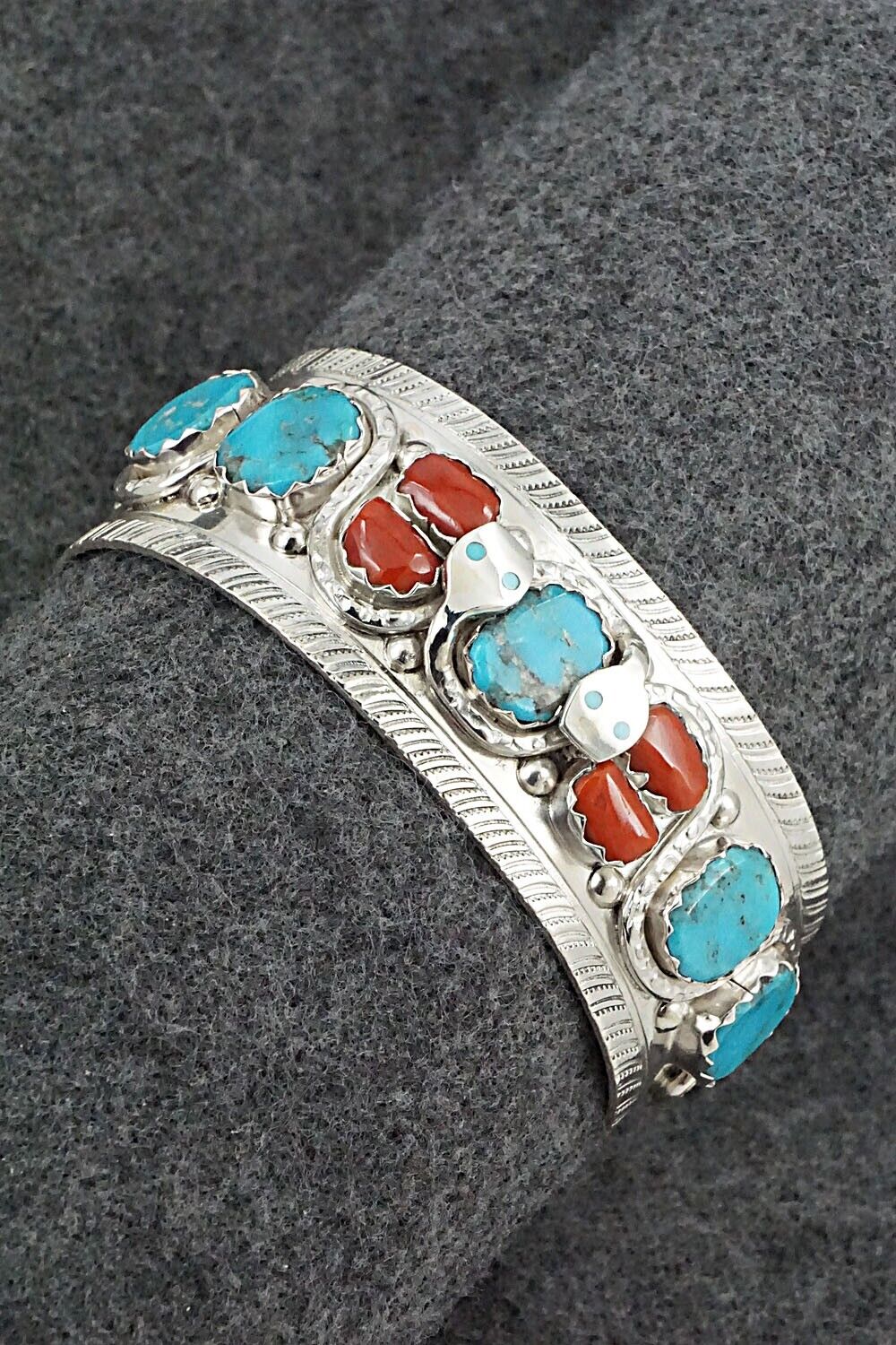 Turquoise, Coral & Sterling Silver Bracelet - Joy Calavaza