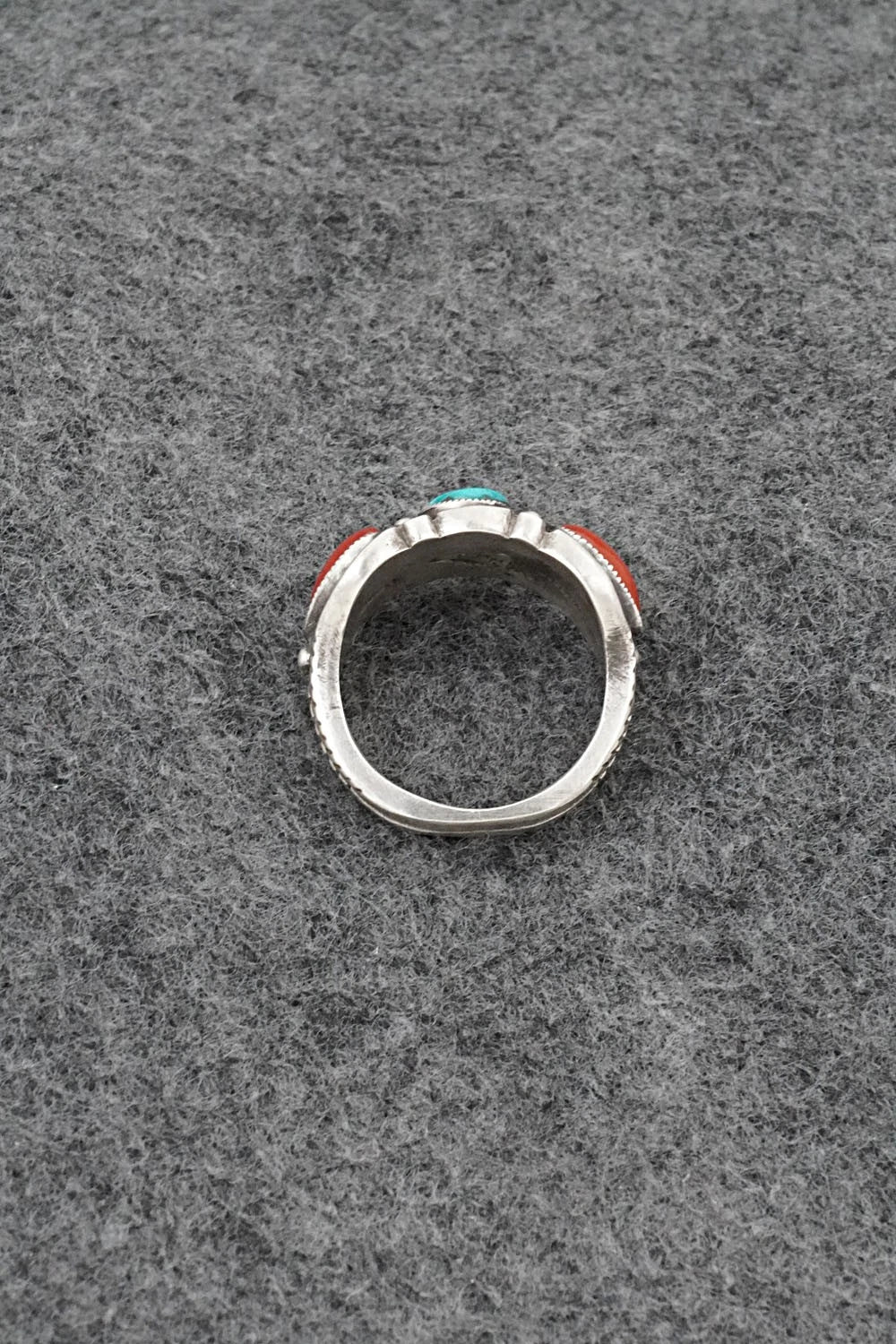 Turquoise, Coral & Sterling Silver Ring - Calvin Martinez - Size 9