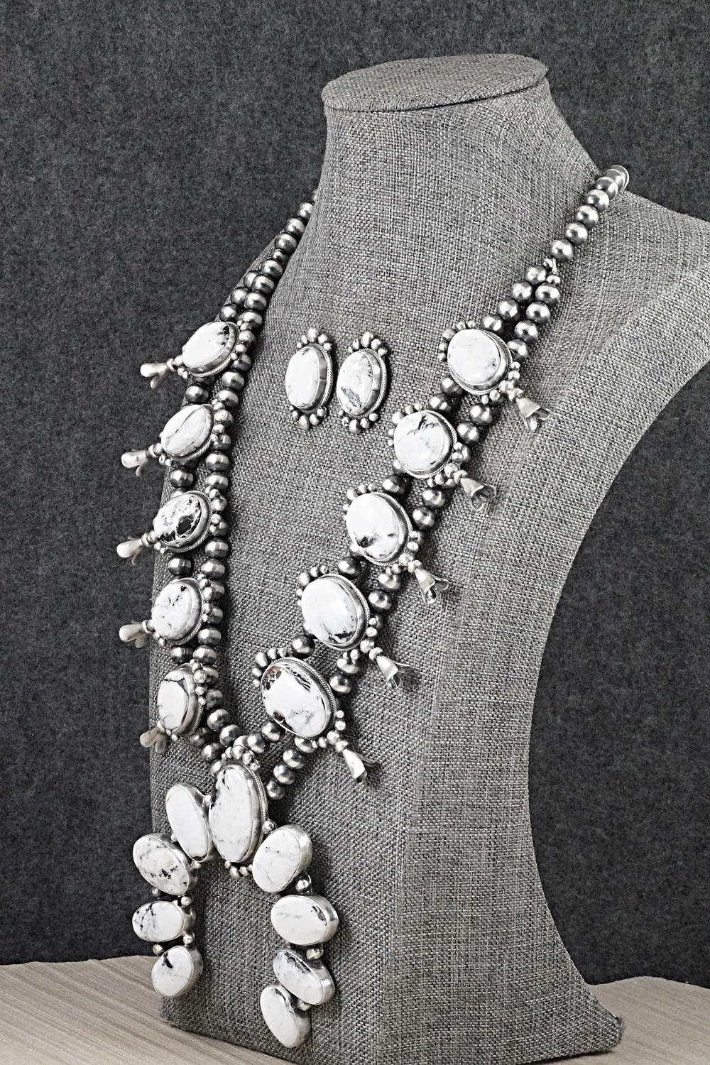 White Buffalo & Sterling Silver Squash Blossom Set - Darrin Livingston