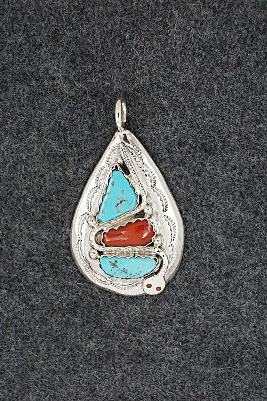 Turquoise, Coral and Sterling Silver Pendant - Joy Calavaza