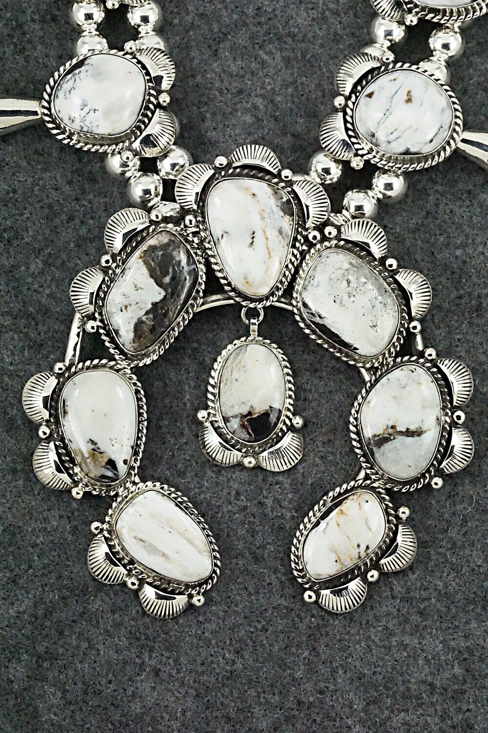 White Buffalo & Sterling Silver Squash Blossom Set - Vernon Johnson