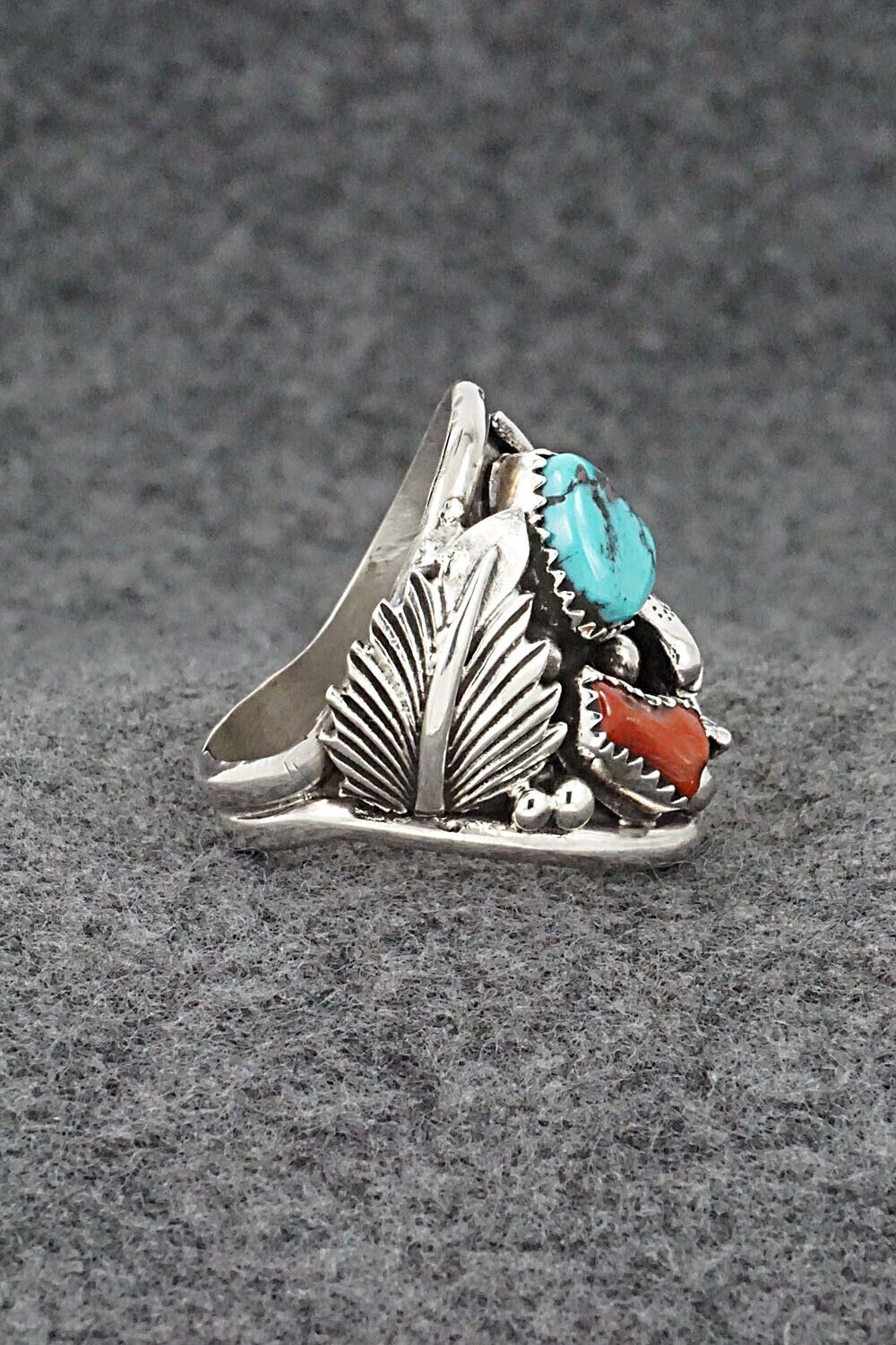 Turquoise, Coral & Sterling Silver Ring - Jeannette Saunders - Size 11