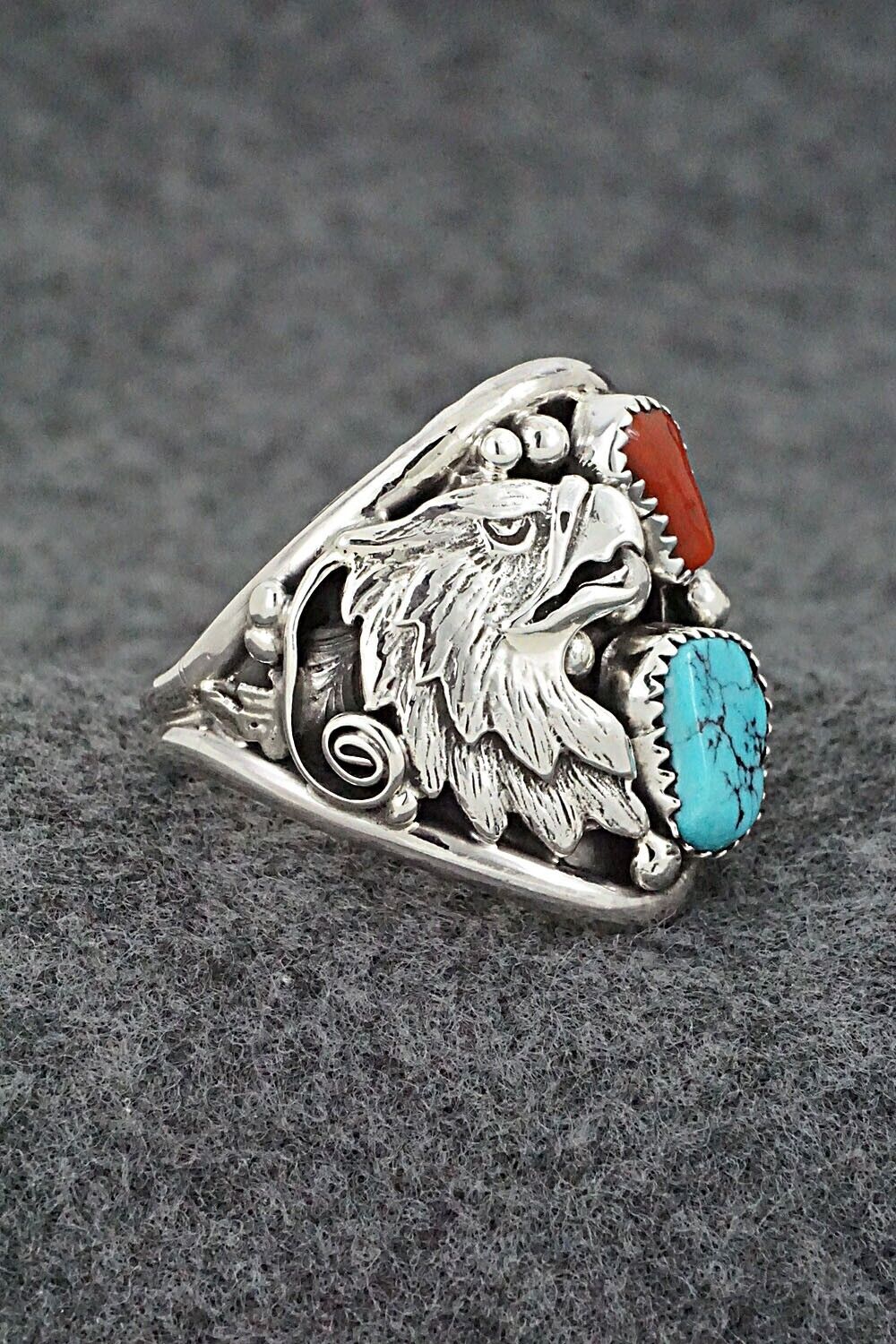 Turquoise, Coral & Sterling Silver Ring - Jeannette Saunders - Size 13.75