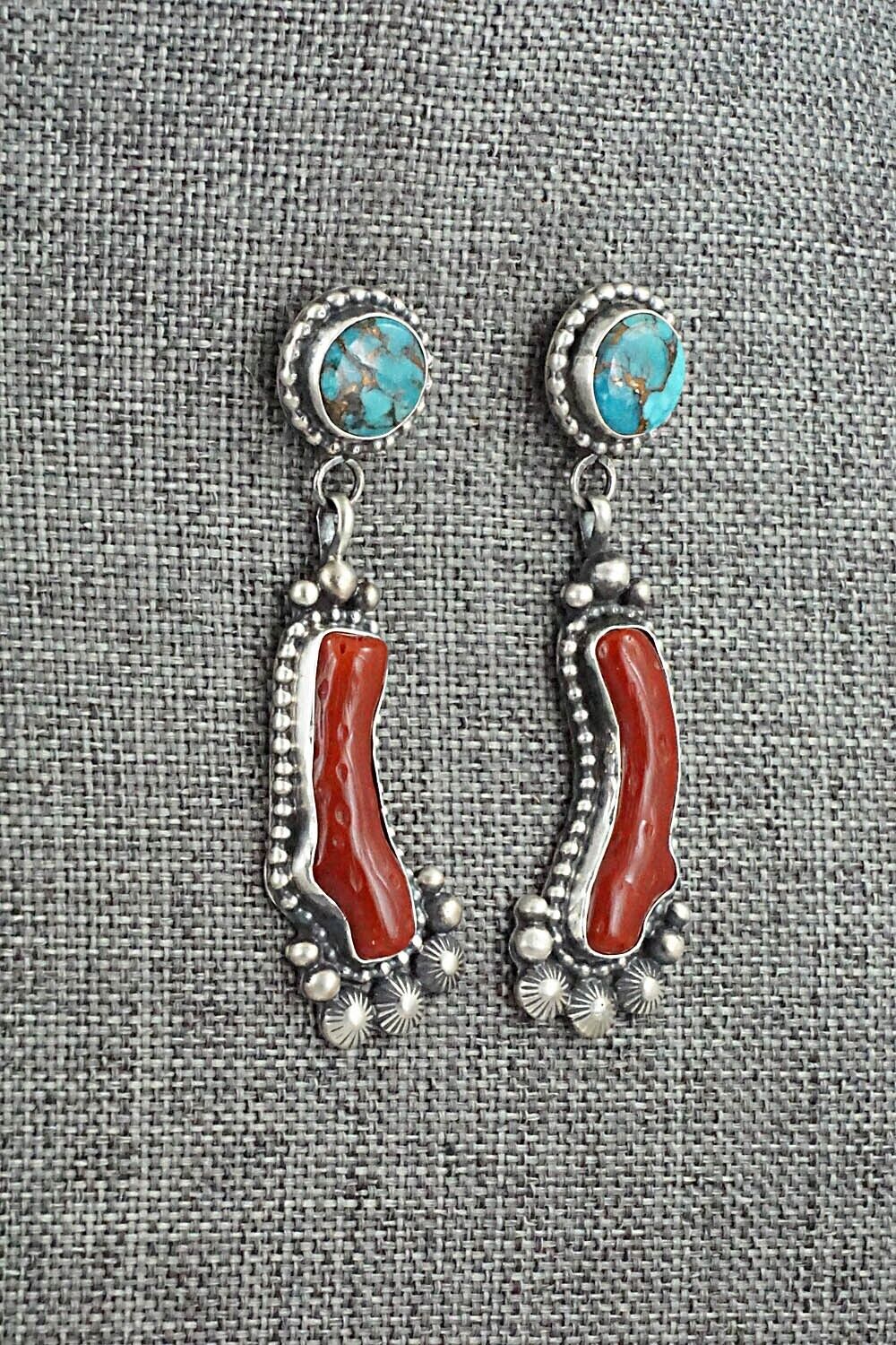 Turquoise, Coral & Sterling Silver Earrings - Tom Lewis