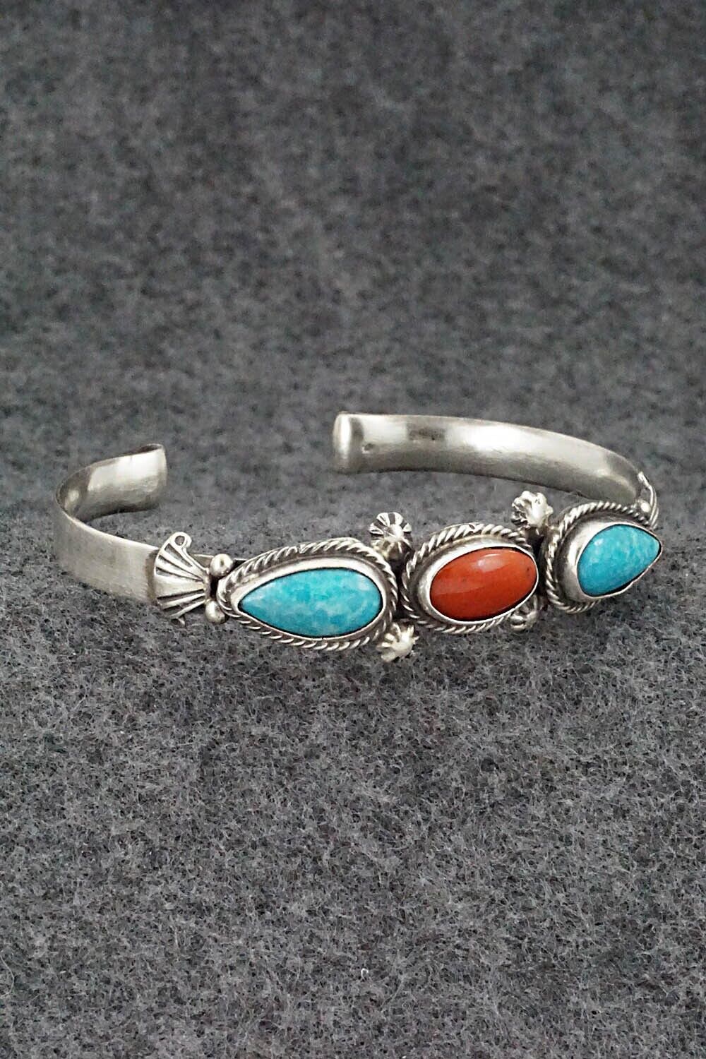 Turquoise, Coral & Sterling Silver Bracelet - Bobby Platero