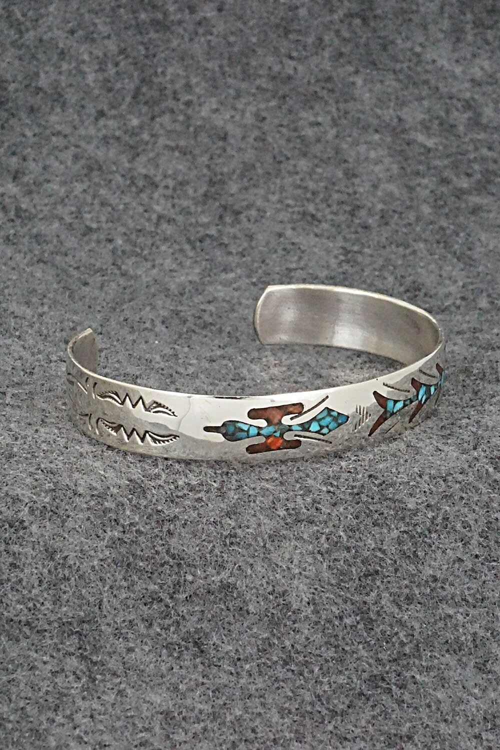 Turquoise, Coral Chip Inlay & Sterling Silver Bracelet - Joleen Yazzie