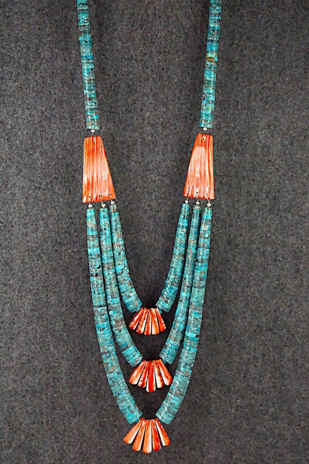 Turquoise, Spiny Oyster and Sterling Silver Necklace - Lupe Lovato