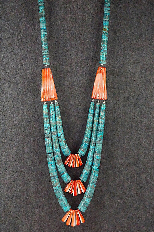 Turquoise, Spiny Oyster and Sterling Silver Necklace - Lupe Lovato
