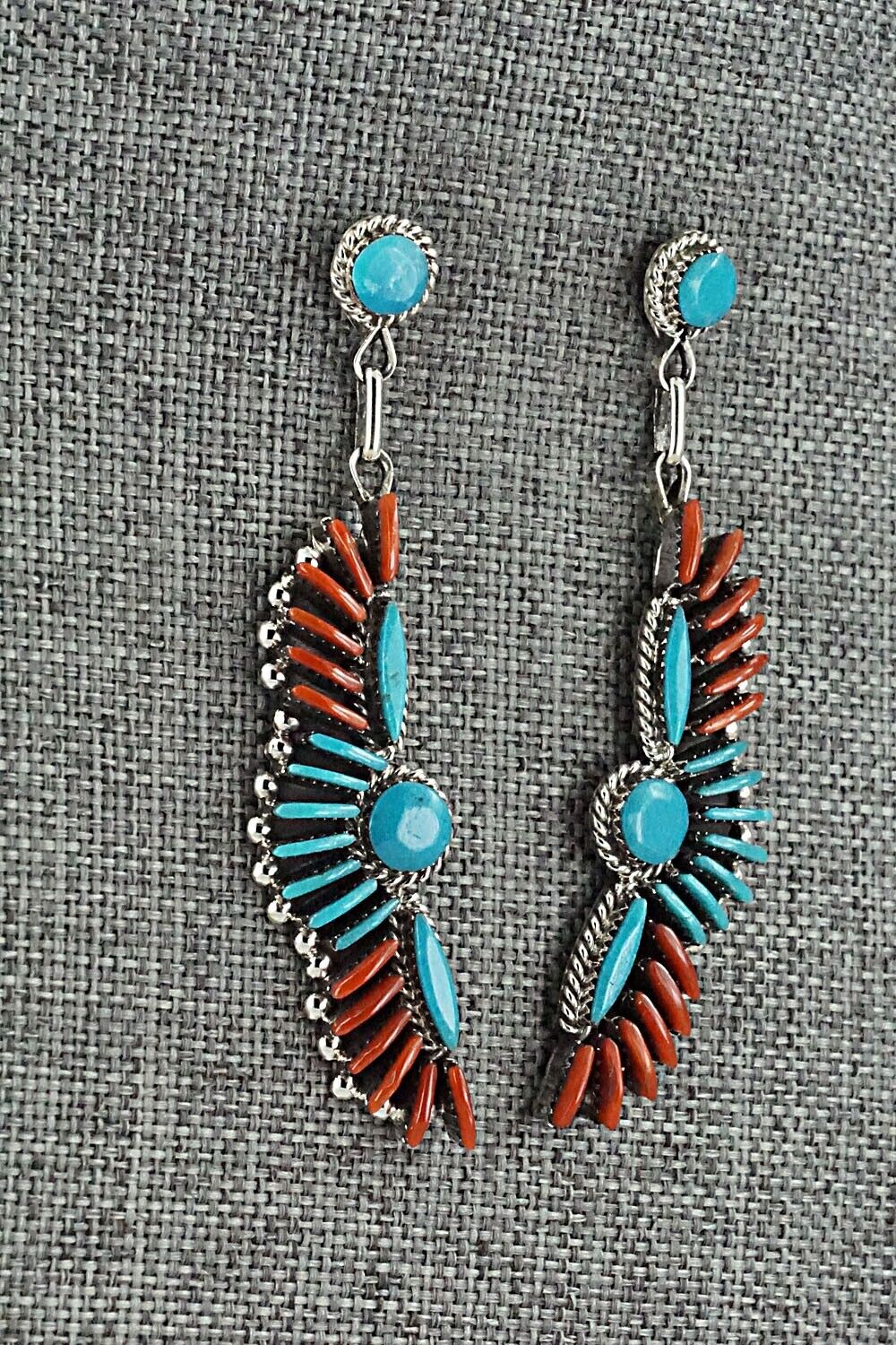 Turquoise, Coral & Sterling Silver Earrings - Edmund Cooeyate