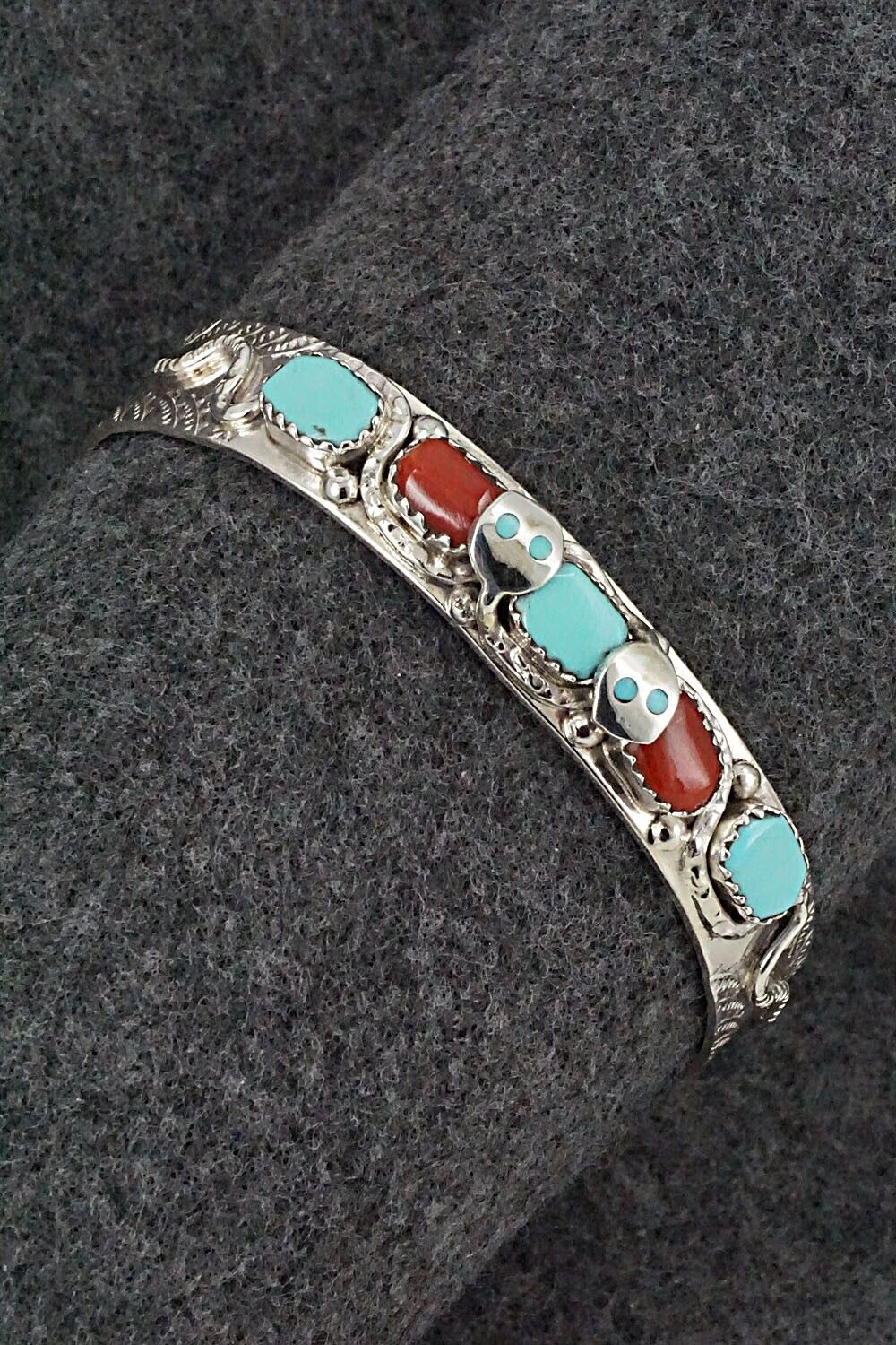 Turquoise, Coral & Sterling Silver Bracelet - Joy Calavaza