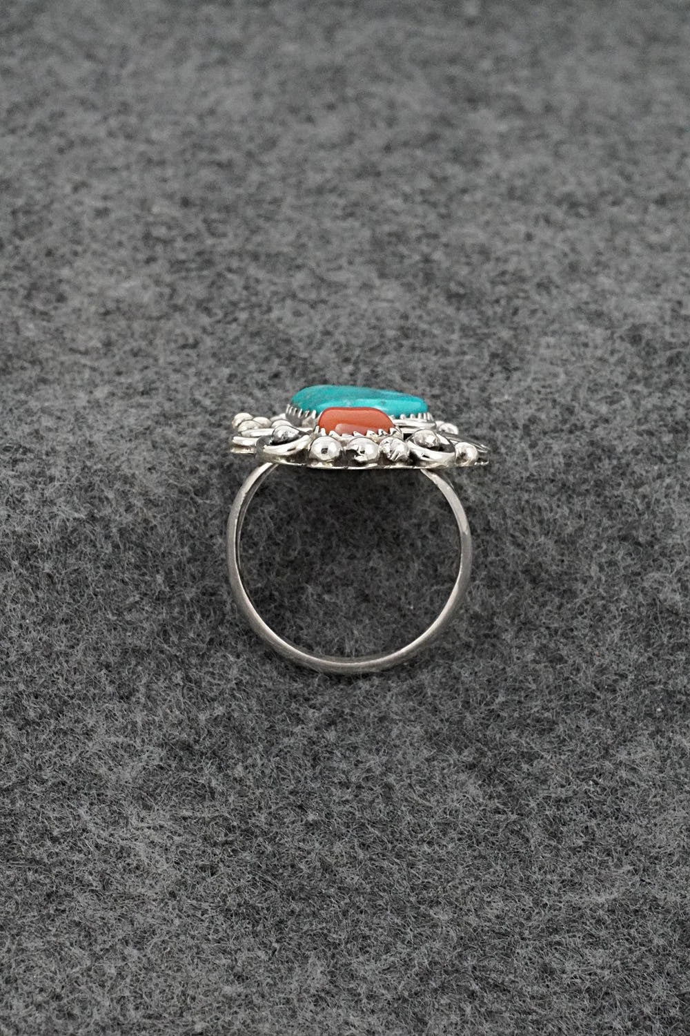 Turquoise, Coral & Sterling Silver Ring - Herbert Begaye - Size 8