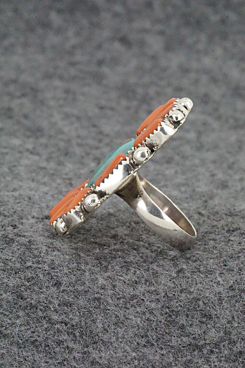 Turquoise, Coral & Sterling Silver Ring - Priscilla Reeder - Size 8.5