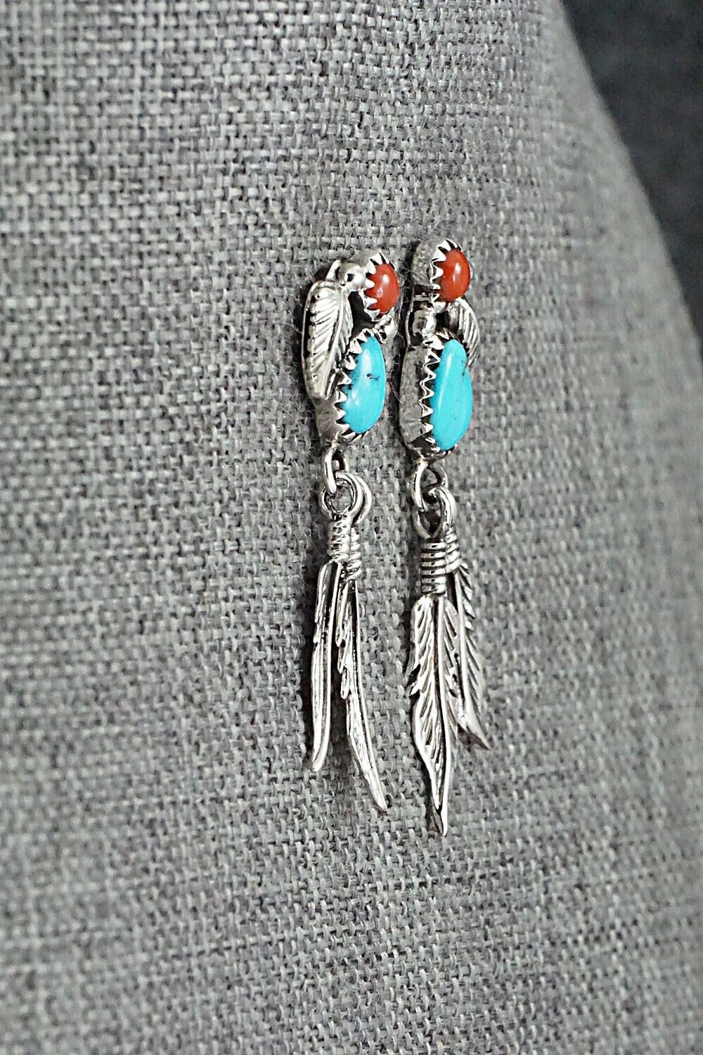 Turquoise, Coral & Sterling Silver Earrings - Marie Jones