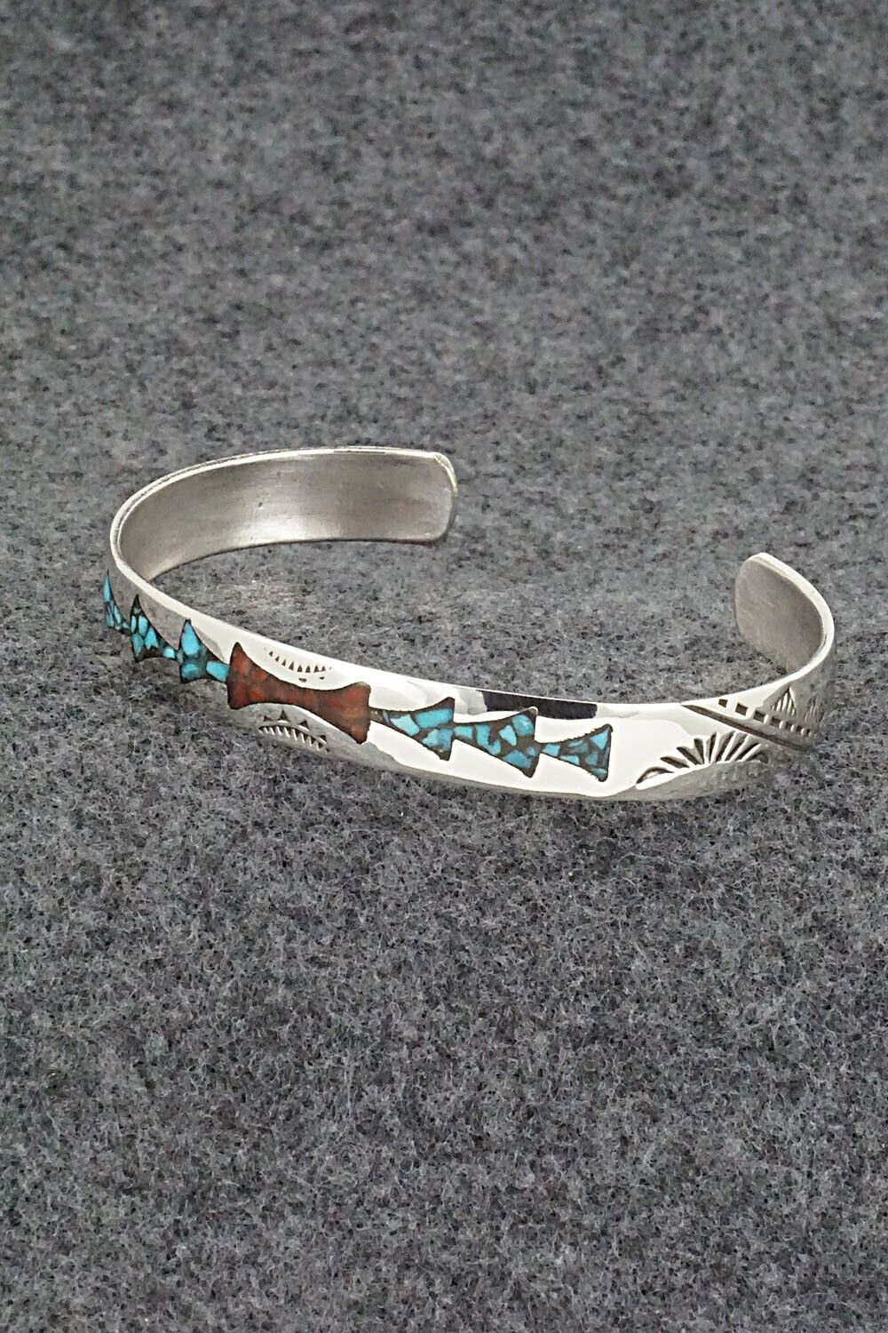 Turquoise, Coral Chip Inlay & Sterling Silver Bracelet - Joleen Yazzie