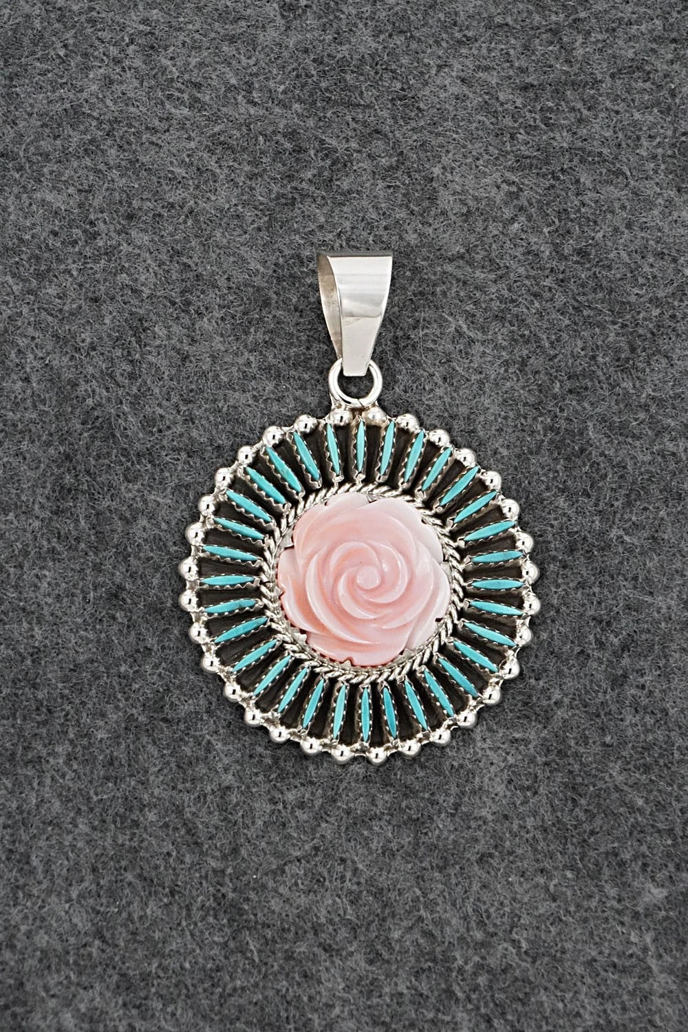 Turquoise, Pink Conch & Sterling Silver Pendant - Roland Francisco