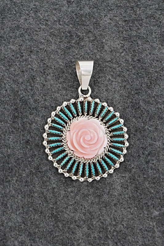 Turquoise, Pink Conch & Sterling Silver Pendant - Roland Francisco