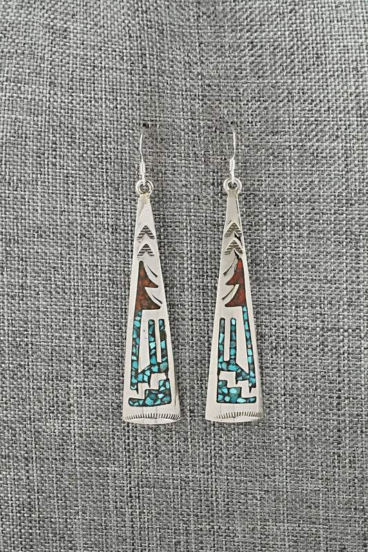 Turquoise, Coral Chip & Sterling Silver Earrings - Joleen Yazzie