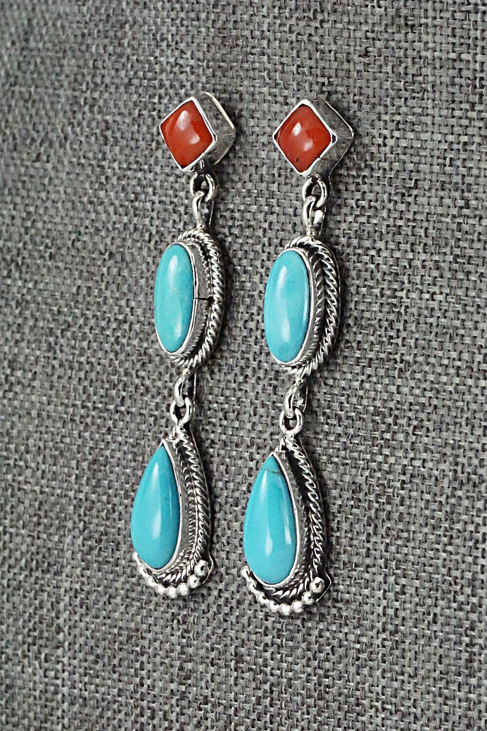 Turquoise, Coral & Sterling Silver Earrings - Verley Betone