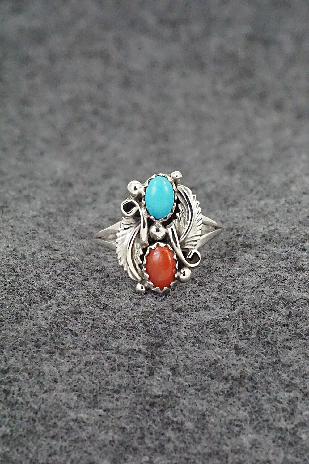 Turquoise, Coral & Sterling Silver Ring - Harris Largo - Size 5.5