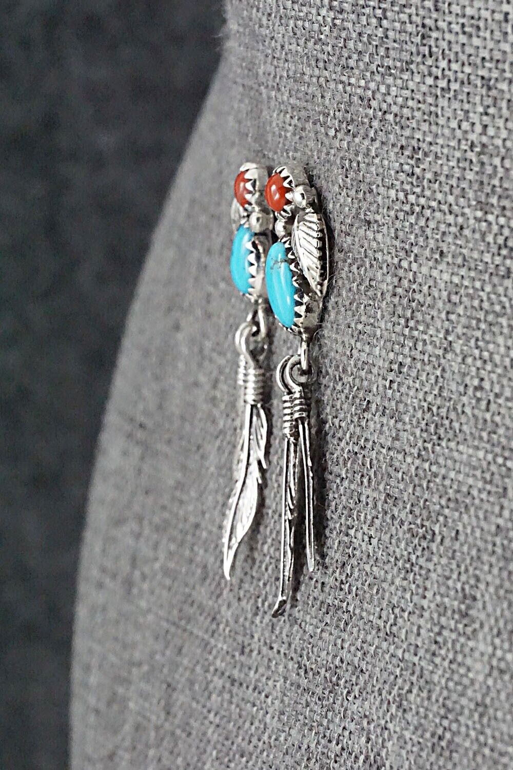 Turquoise, Coral & Sterling Silver Earrings - Marie Jones