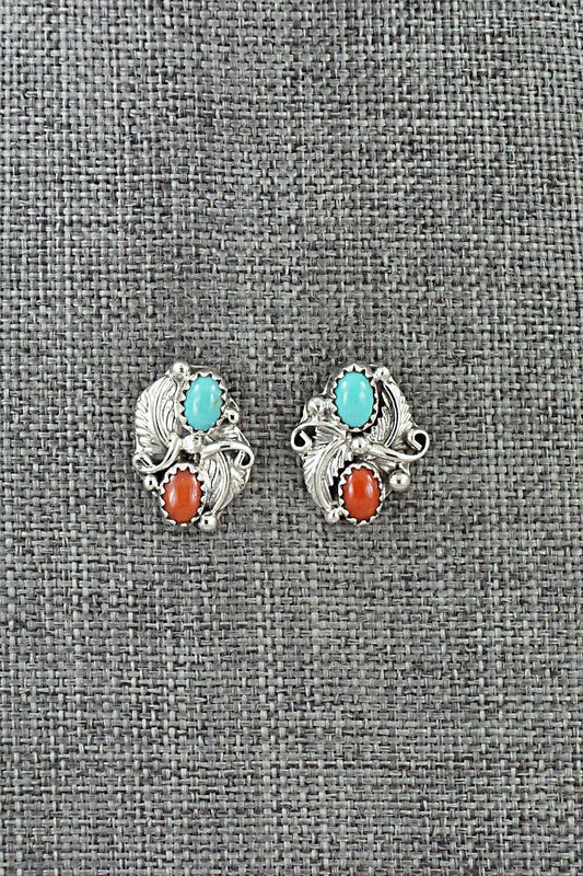 Turquoise, Coral & Sterling Silver Earrings - Genevieve Francisco