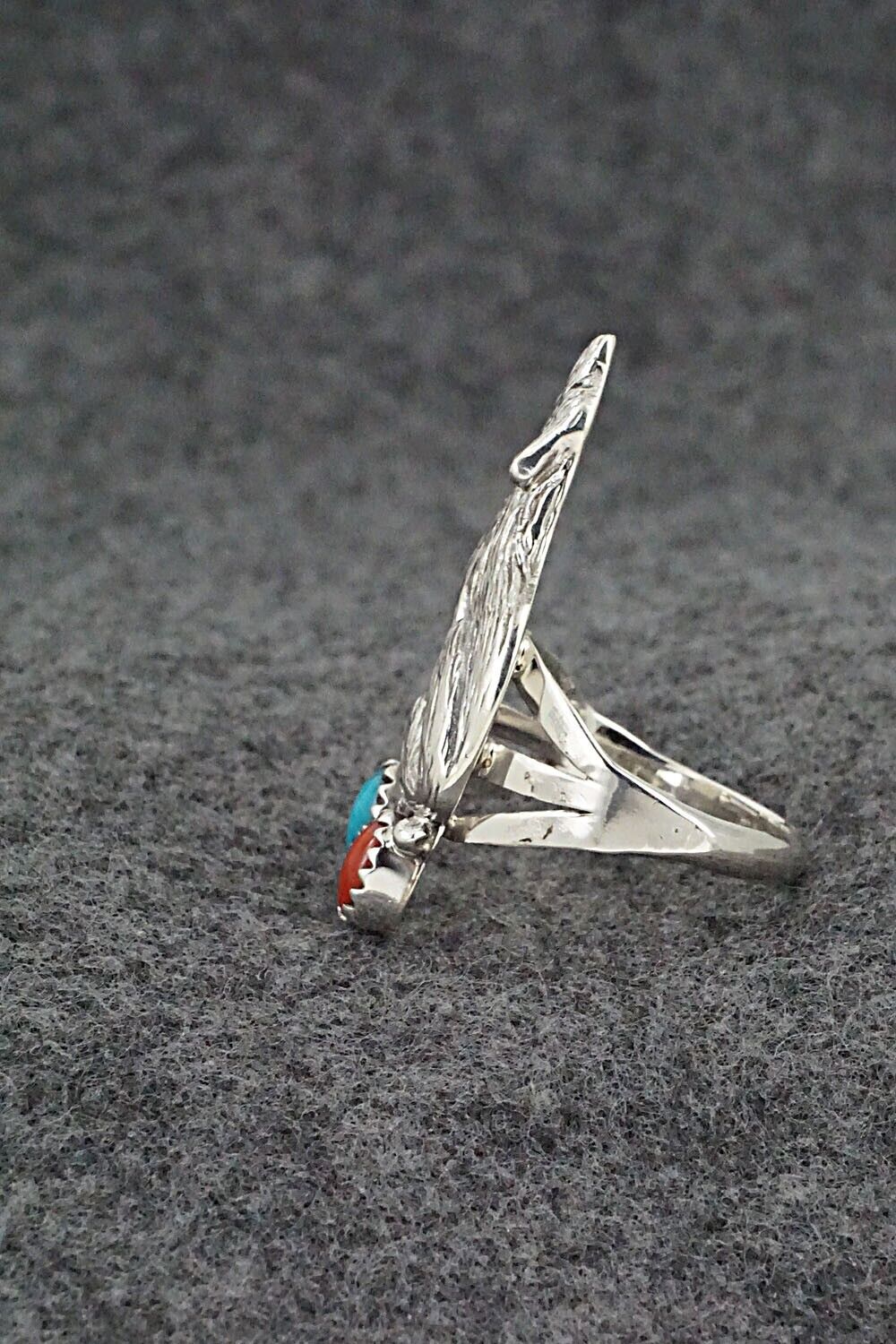 Turquoise, Coral & Sterling Silver Ring - Jerryson Henio - Size 8