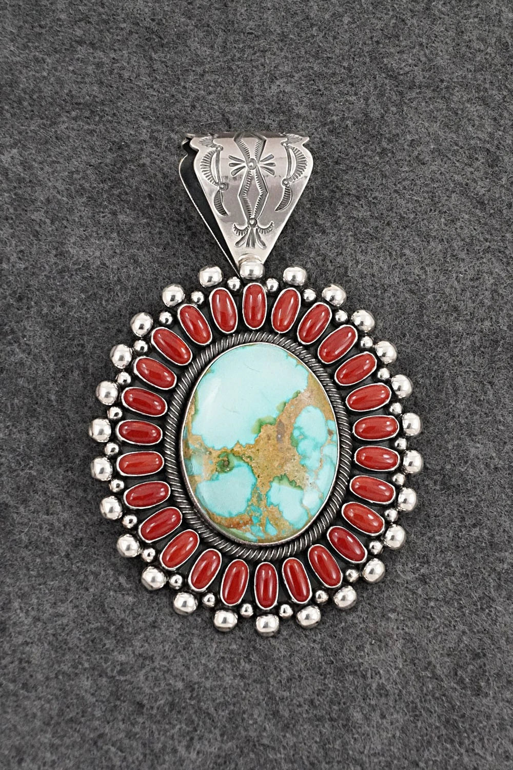 Turquoise, Coral & Sterling Silver Pendant - Ernest Begay
