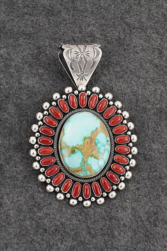 Turquoise, Coral & Sterling Silver Pendant - Ernest Begay