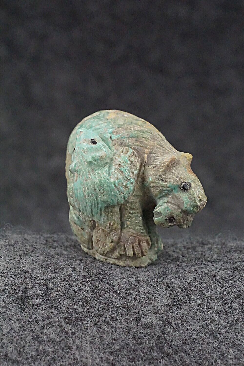 Bear with Cub and Fish Zuni Fetish Carving - Derrick Kaamasee