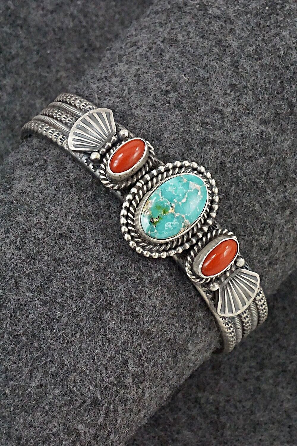 Turquoise, Coral & Sterling Silver Bracelet - Michael Calladitto