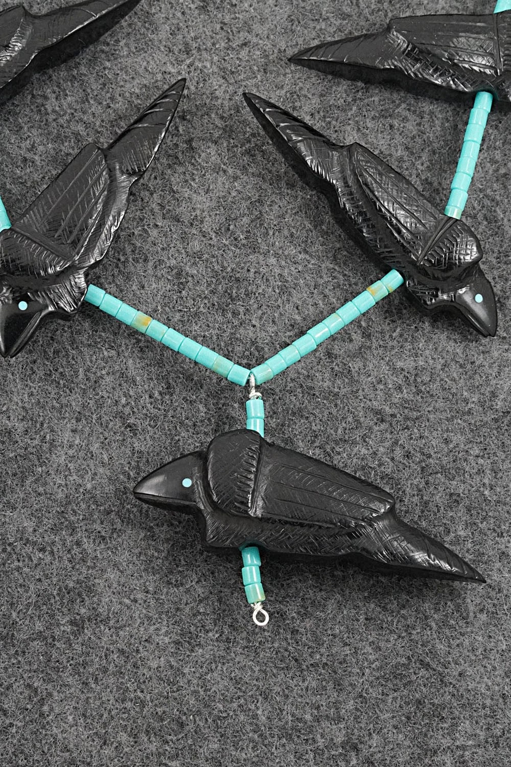 Turquoise, Jet Zuni Fetish & Sterling Silver Necklace Set - Herbert Halate