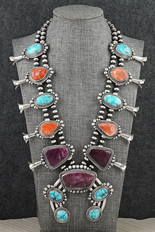 Turquoise, Spiny Oyster & Sterling Silver Squash Blossom Necklace - Tom Lewis