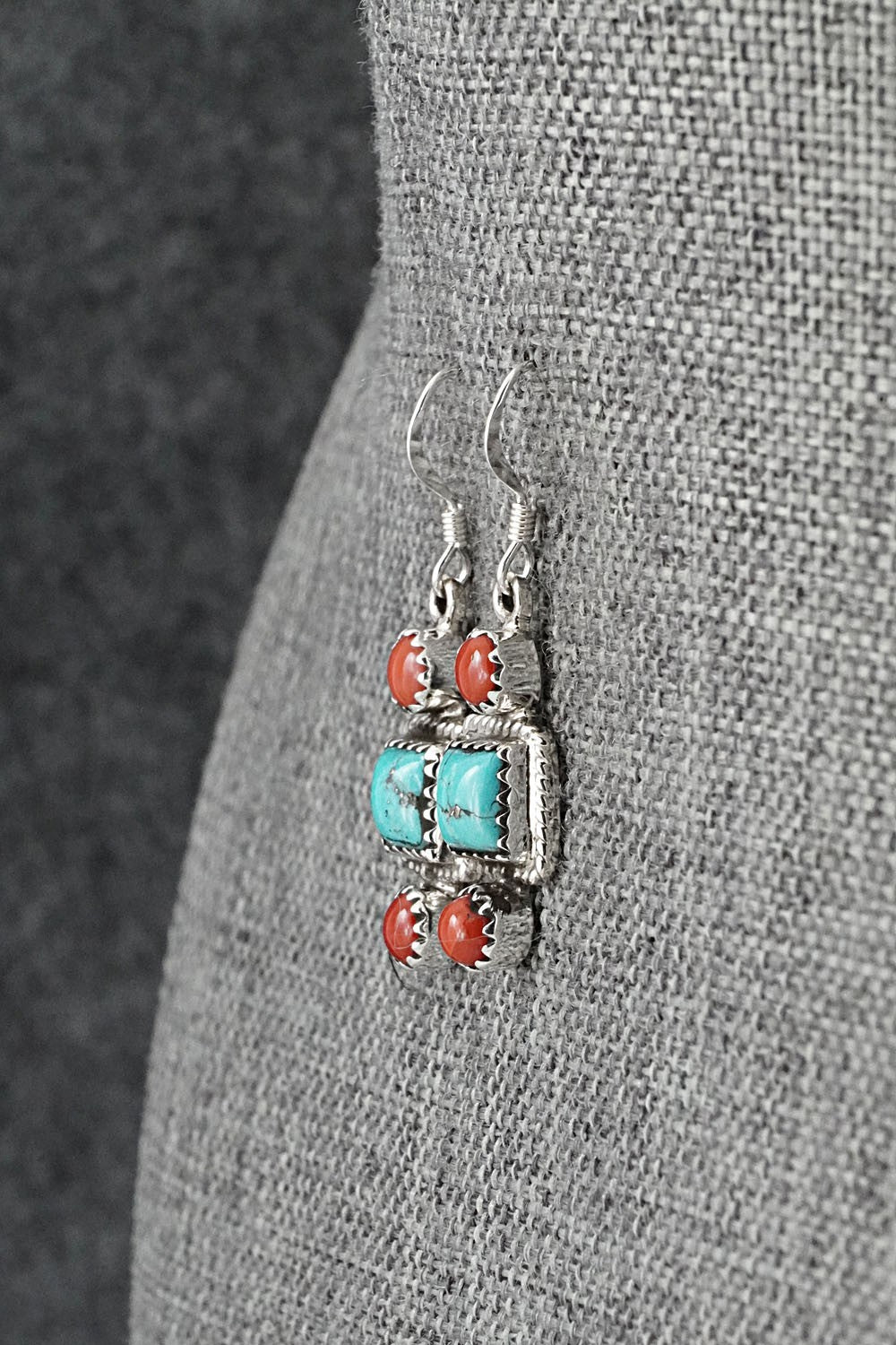 Turquoise, Coral & Sterling Silver Earrings - Gary Shorty