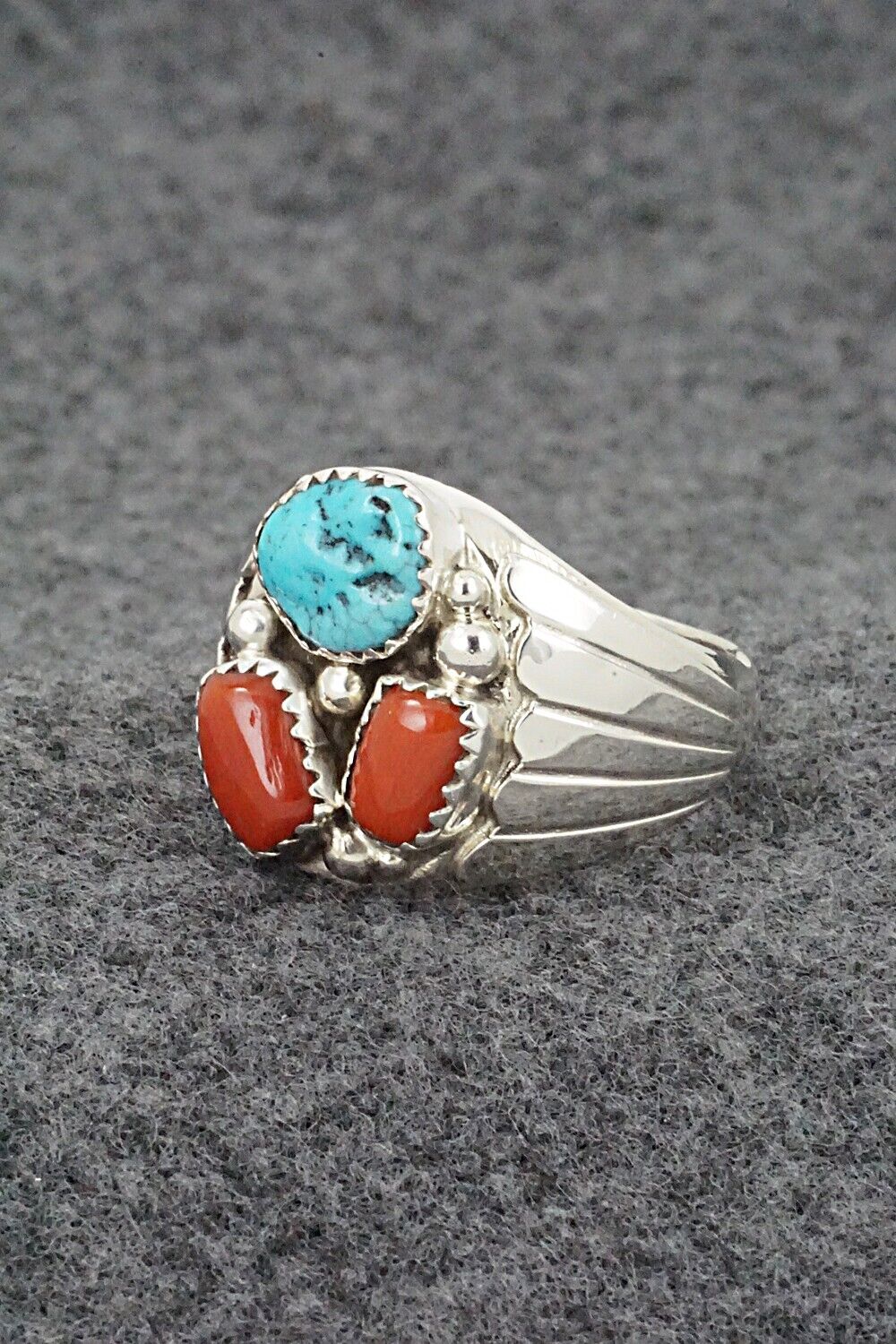 Turquoise, Coral & Sterling Silver Ring - Anna Spencer - 10.5