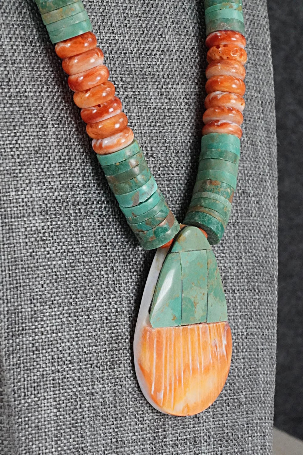 Turquoise, Spiny Oyster and Sterling Silver Necklace - Lupe Lovato