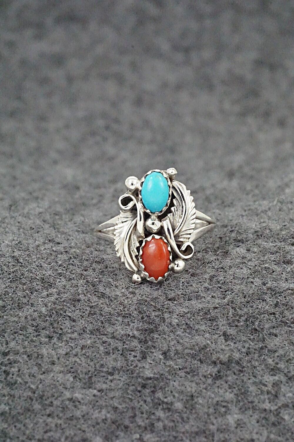 Turquoise, Coral & Sterling Silver Ring - Harris Largo - Size 5.5