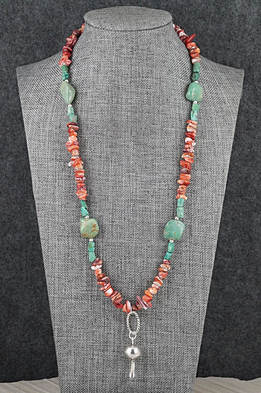 Spiny Oyster, Turquoise & Sterling Silver Necklace 26" - Erika Brown