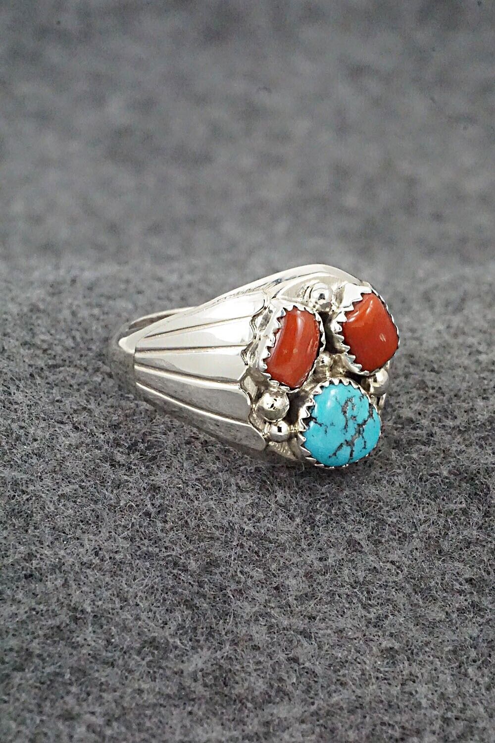 Turquoise, Coral and Sterling Silver Ring - Annie Spencer - Size 13.5