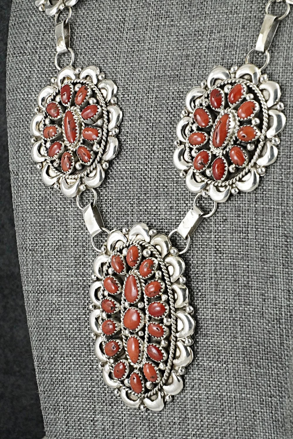 Coral & Sterling Silver Necklace and Earrings Set - Eunice Wilson
