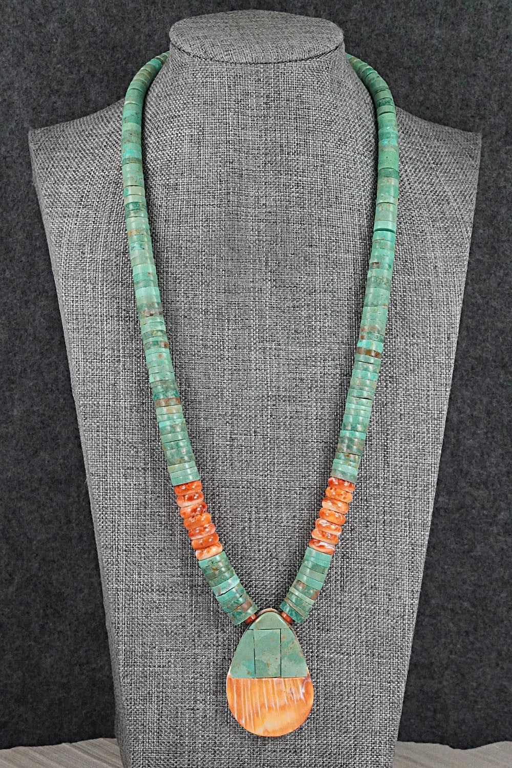 Turquoise, Spiny Oyster and Sterling Silver Necklace - Lupe Lovato