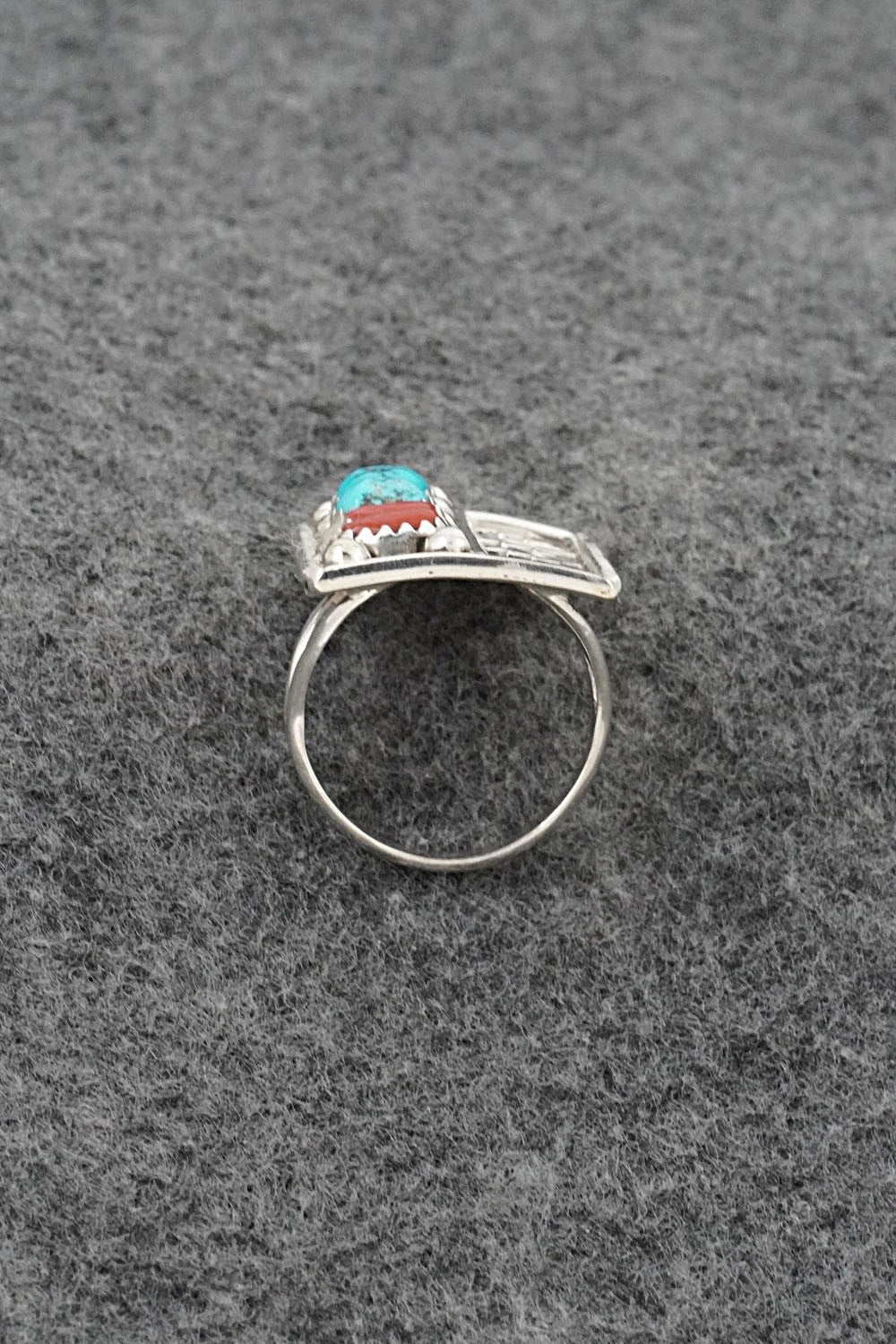 Turquoise, Coral & Sterling Silver Ring - Ronnie Spencer - Size 7.5