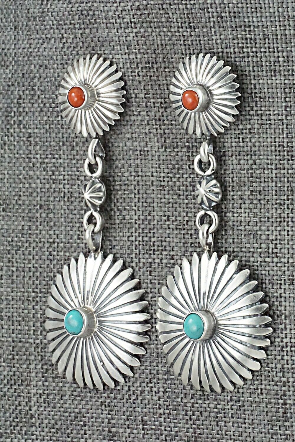Turquoise, Coral & Sterling Silver Earrings - Verley Betone